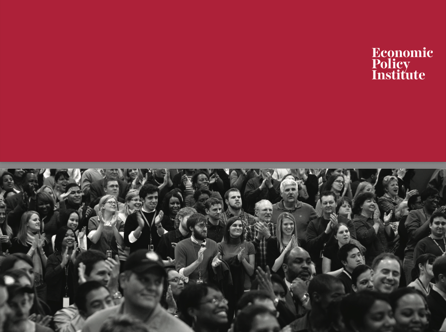 The cover of EPI's 2020 Impact report with a field of red above a black and white image of people at a rally clapping.