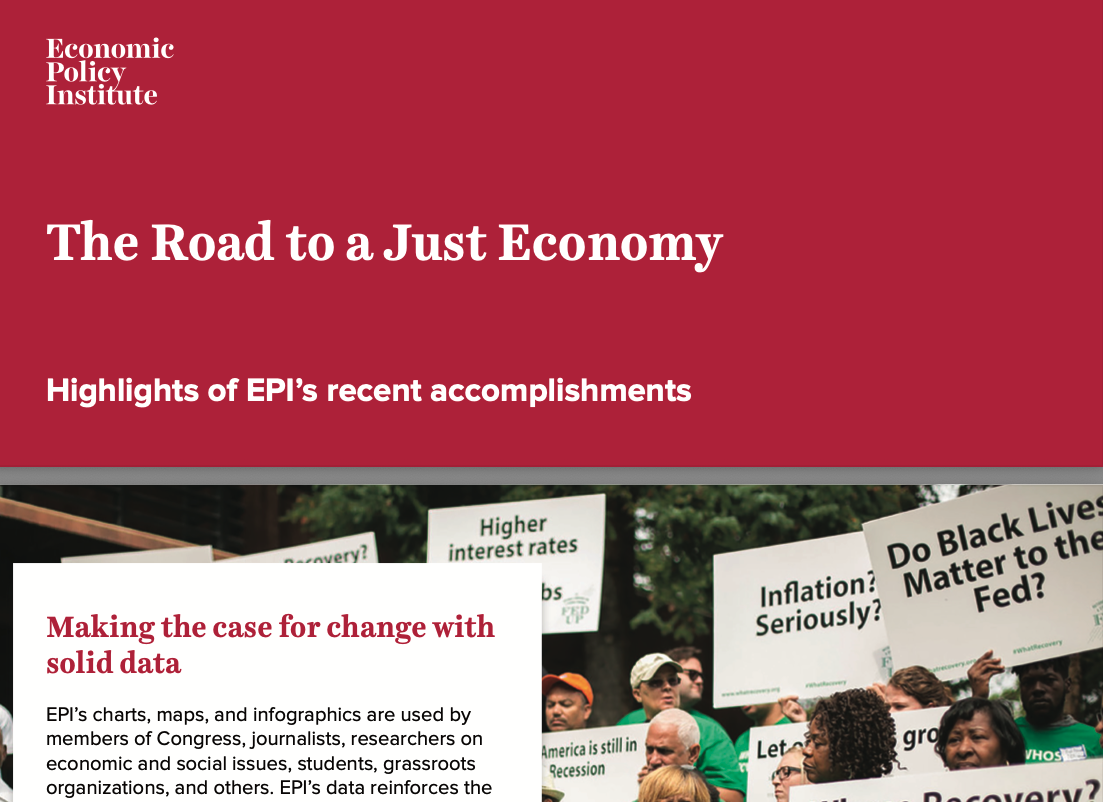 The cover of EPI's 2022 Impact report with a field of red on which the title The Road to Recovery in white appears above an image of union members at a rally.