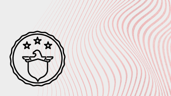 Decorative graphic: A black-and-white line drawing of a Federal seal, representing the agencies and bureaus of the Executive, on a gray background with red horizontal wavy lines