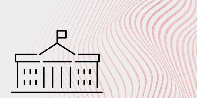 Decorative graphic:A black-and-white line drawing of the White House on a gray background with red horizontal wavy lines