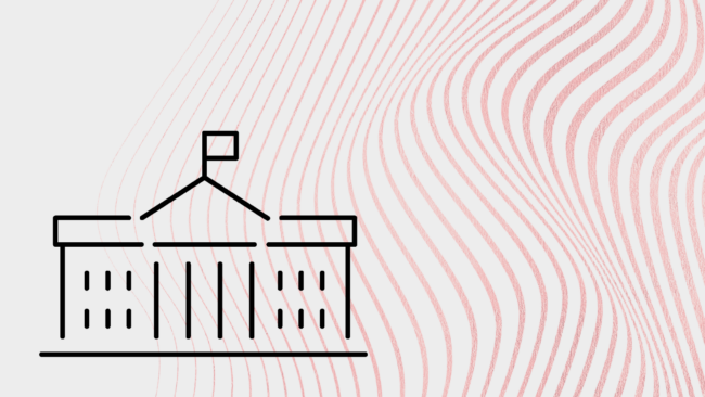 Decorative graphic:A black-and-white line drawing of the White House on a gray background with red horizontal wavy lines