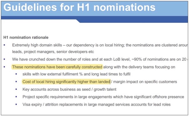 HCL ‘carefully constructs’ its H-1B pool to favor jobs with widest wage gap between H-1B workers and U.S. citizens and permanent residents: Image of part of slide in internal HCL Technologies document explaining its rationale for choosing which jobs it seeks to fill by applying for H-1B visas (