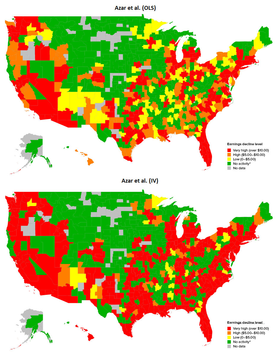 Predicted change in workers' weekly dollar earnings if Sprint and T-Mobile merge, by commuting zone (Azar et al. specifications)