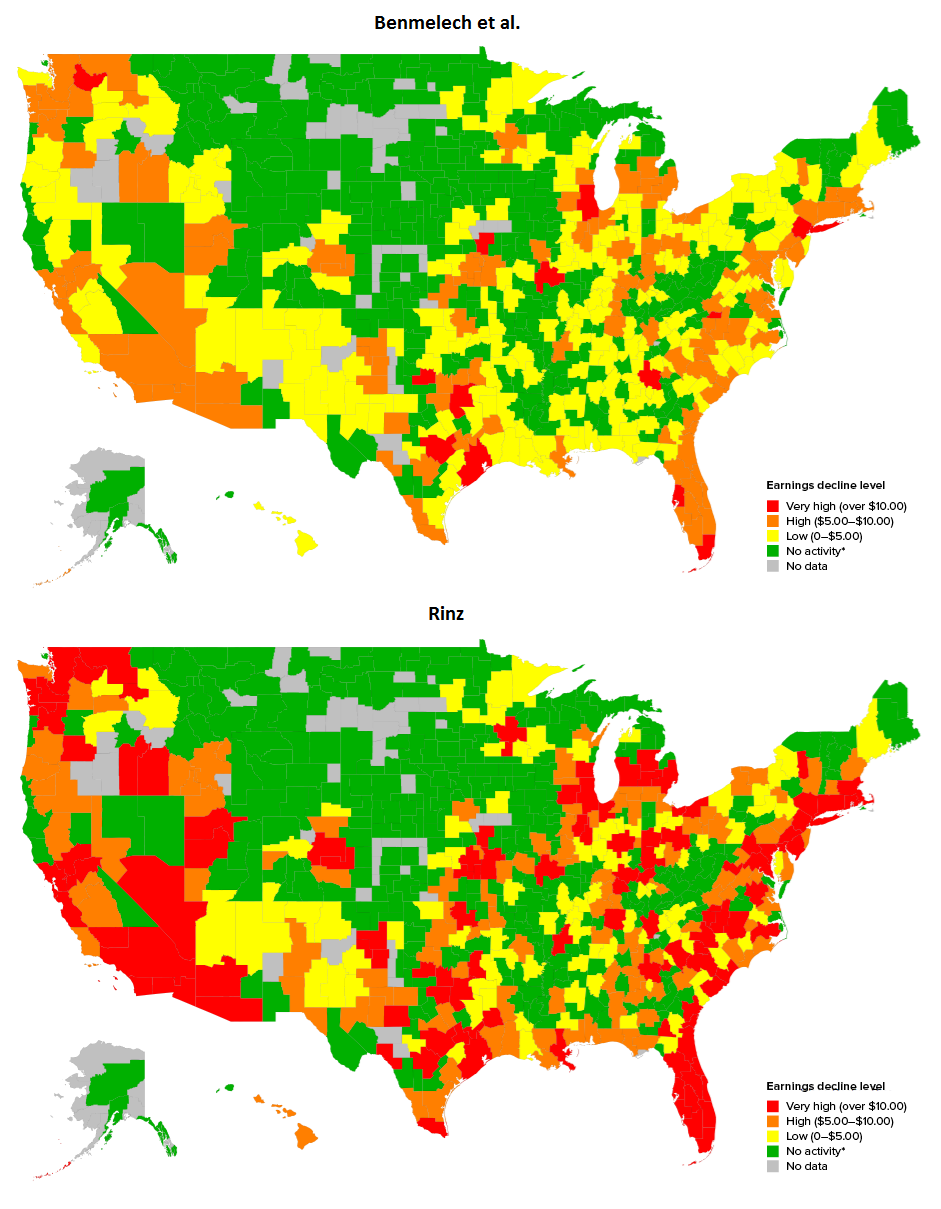 Predicted change in workers' weekly dollar earnings if Sprint and T-Mobile merge, by commuting zone (Benmelech et al. and Rinz specifications)