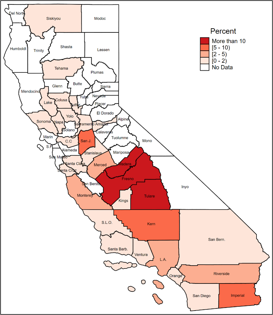 Percent of total federal employment law violations detected by the Wage and Hour Division among farm labor contractors in California, by county, fiscal years 2005–2019
