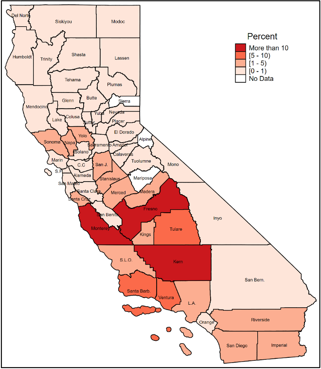 Percent of total California agricultural employment by county, 2018