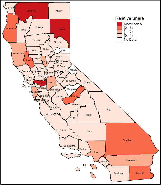 Ratio of California county share of federal employment law violations detected by the Wage and Hour Division among agricultural employers to the share of agricultural employment in the county, fiscal years 2005–2019