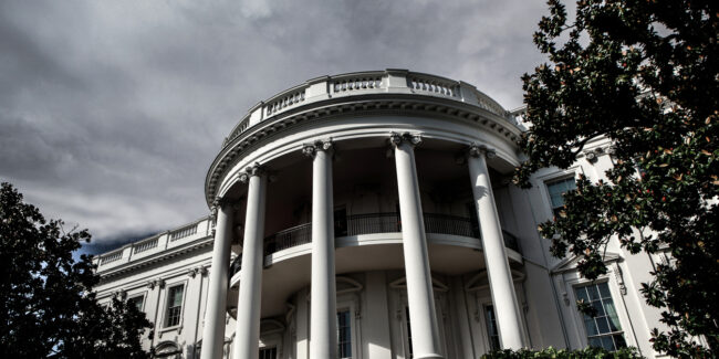 Cloudy skies loom over the White House on this extra close up view of the President's private balcony.
