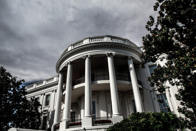 Cloudy skies loom over the White House on this extra close up view of the President's private balcony.