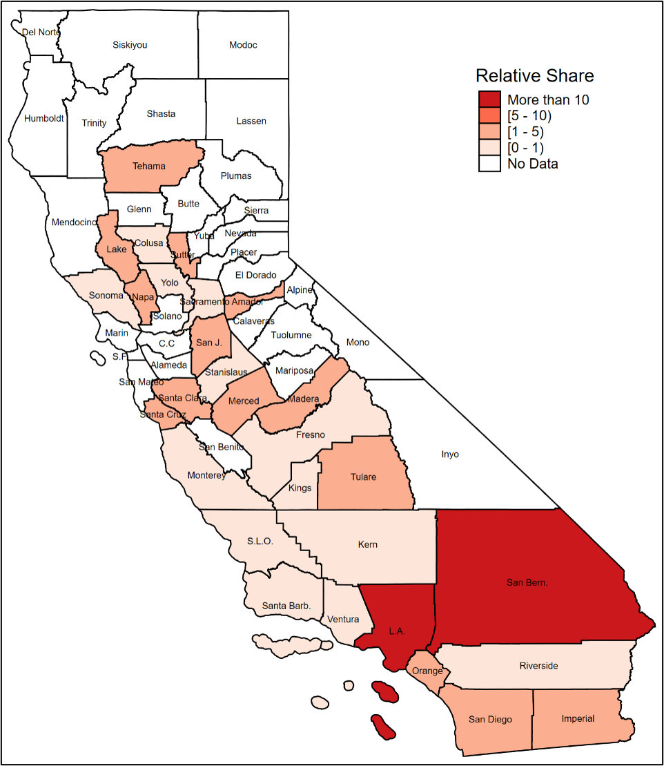 Ratio of California county share of federal employment law violations detected by the Wage and Hour Division among farm labor contractors to the share of agricultural employment in the county, fiscal years 2005–2019