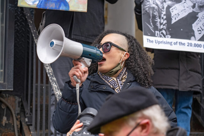 A union organizer with a megaphone